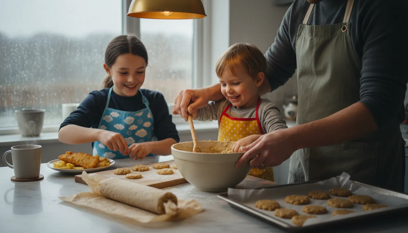 Children and an adult baking oatty cookies in a cozy kitchen on a rainy afternoon with a tray of cookies and rain-speckled window