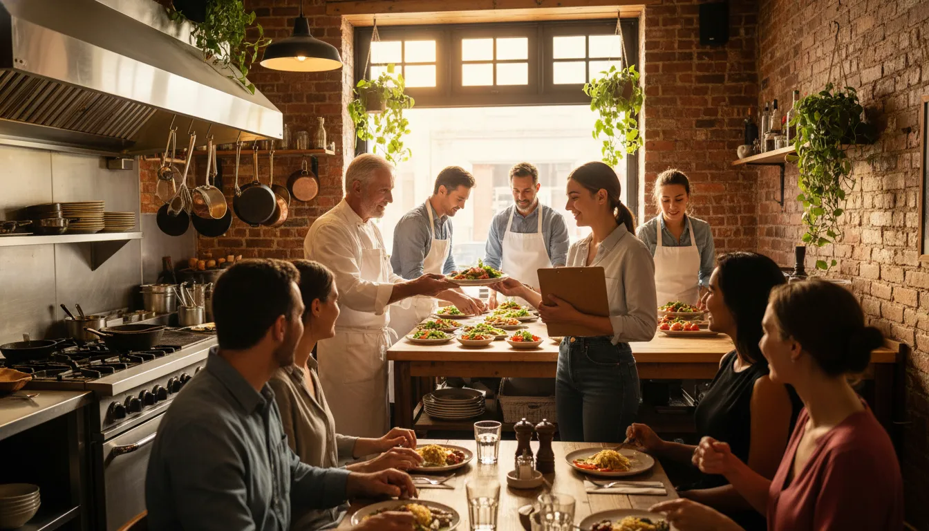 Revived family-run restaurant interior with owners and staff collaborating in an open kitchen, simple plated dishes and warm rustic atmosphere