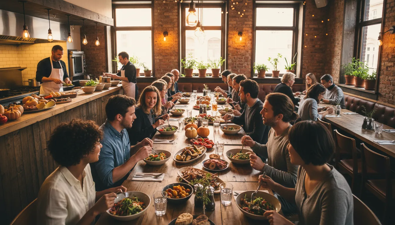 Revived neighborhood eatery interior with smiling staff, busy diners and colorful simple dishes in a warm, inviting scene of restaurant reinvention and easy recipes