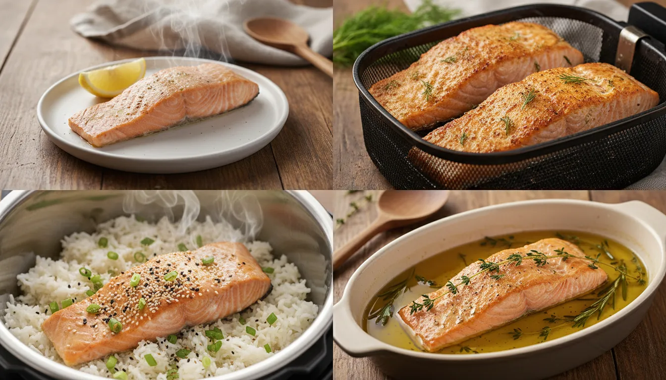 Four-panel photorealistic image of salmon cooked four ways: microwave-steamed, air-fryer crispy, Instant Pot miso-butter rice bowl, and oven-poached in olive oil, styled on a rustic table