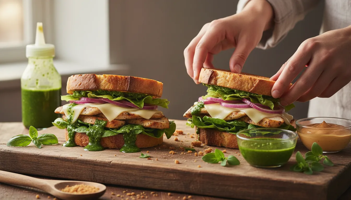 Artisanal sandwiches mid-assembly on a wooden board, hands adding sauce, bowls of ingredients and scattered herbs in warm natural light