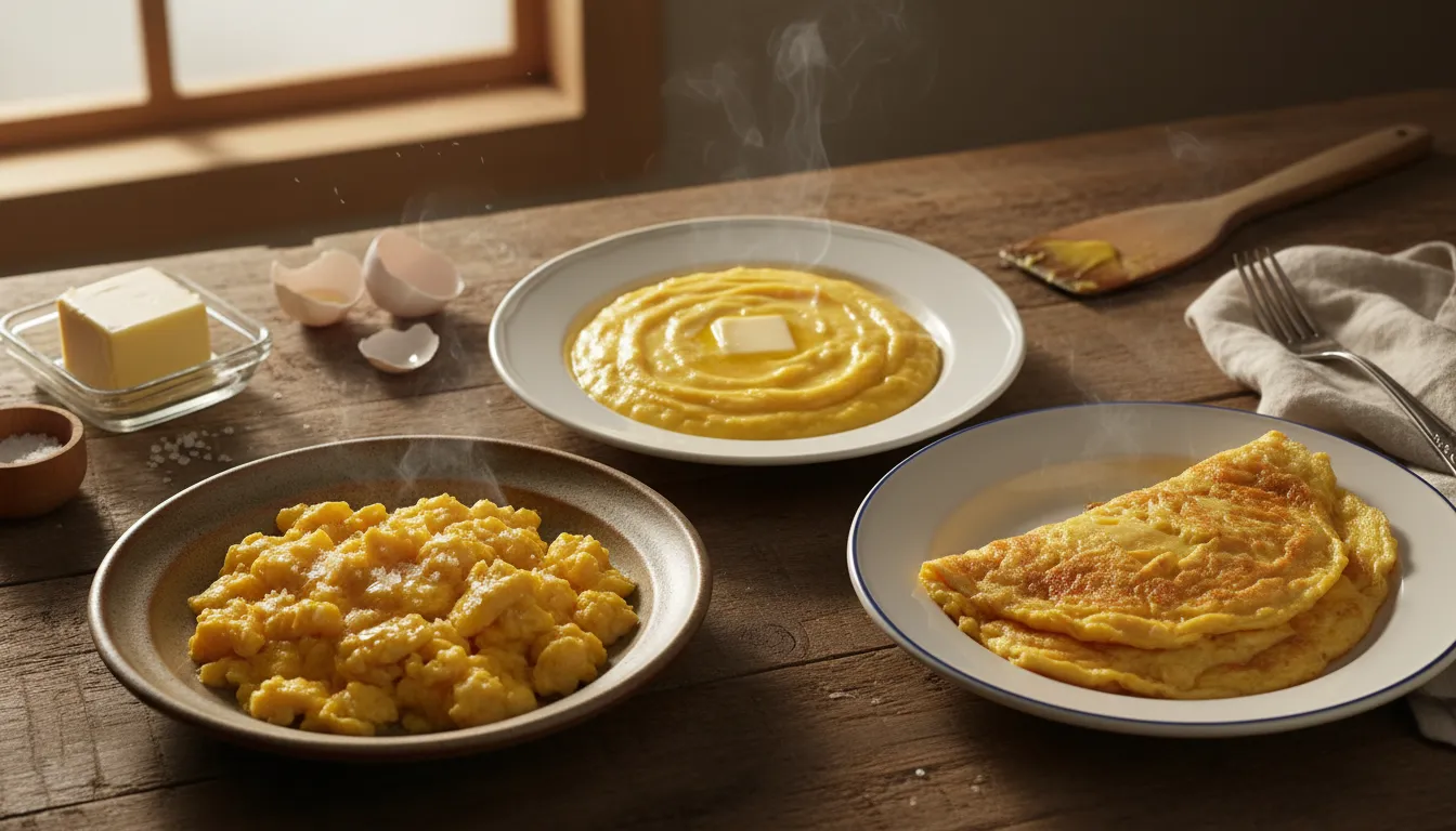 Three plates of scrambled eggs showing English medium curds, silky French-style, and folded American diner-style on a rustic table