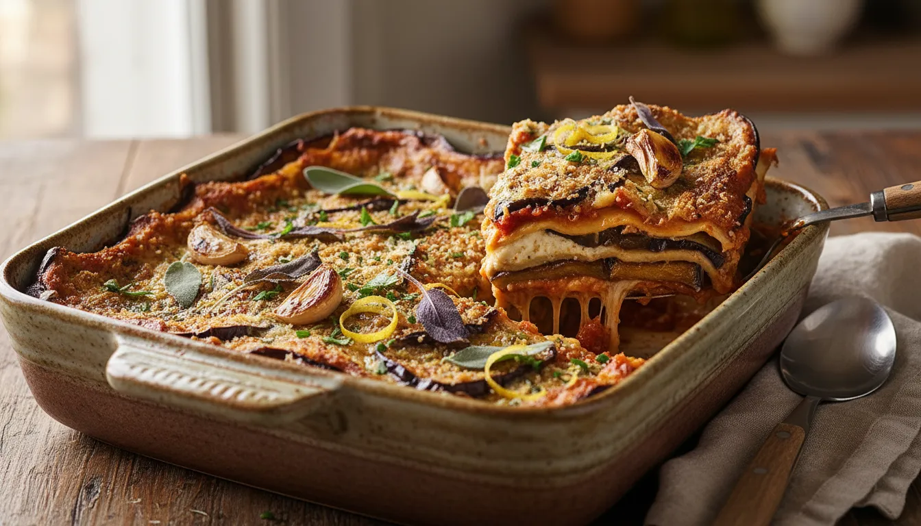 Rustic scruffy aubergine lasagne in a ceramic dish with bubbling tomato-cheese filling, charred aubergine slices, golden herb crumb topping and scattered sage leaves