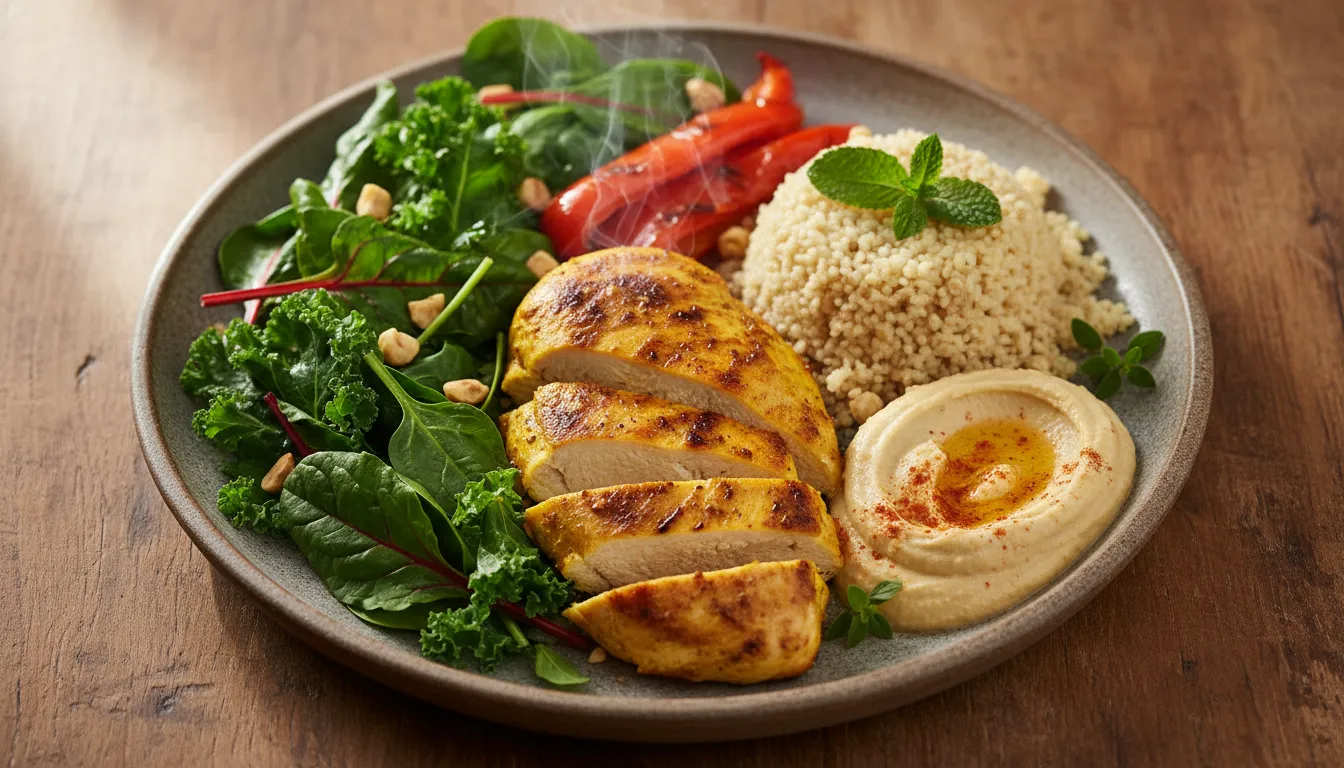 Overhead shot of seared turmeric chicken with roasted peppers, whole wheat couscous, silken hummus and mixed greens