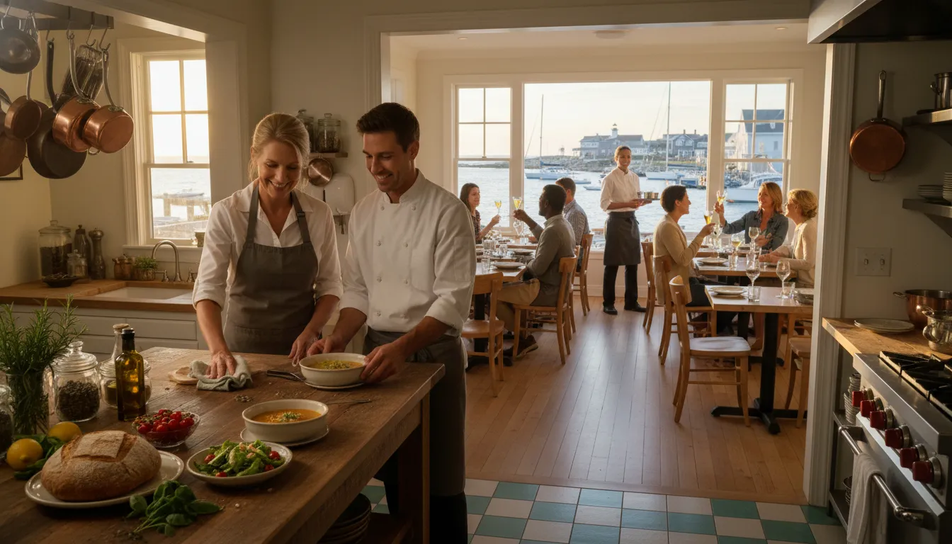 Mother and son restoring a seaside restaurant kitchen with fresh ingredients and warm sunset light, celebrating a cooking revival