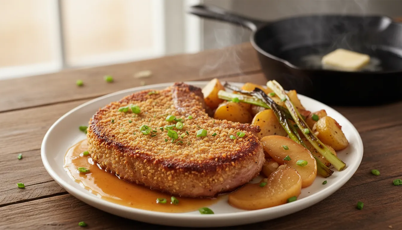 Golden breadcrumb-crusted pork chop with scallion-roasted potatoes, caramelized apples and glossy apple-cider pan sauce on a rustic table