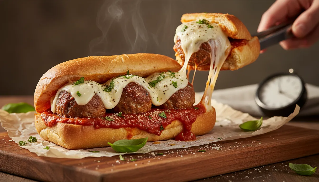 Close-up of a show-stopping meatball sub with juicy meatballs, marinara sauce, melted mozzarella cheese pull and fresh basil on a toasted roll