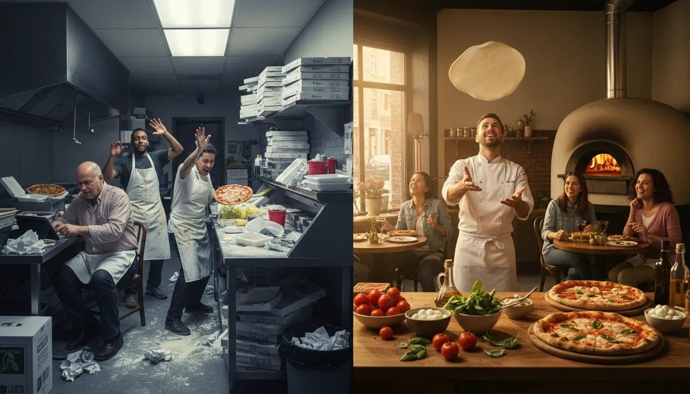Split-scene of a neighborhood pizzeria transforming from chaos to success: left side shows frozen boxes, cluttered prep and stressed staff; right side shows a focused chef tossing fresh pizza dough by a glowing wood-fired oven with bowls of fresh ingredients and happy customers.