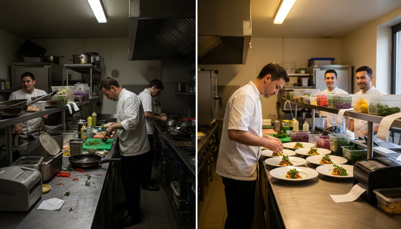 Split-view of a small restaurant kitchen before and after: left messy and chaotic, right clean, organized staff plating dishes efficiently