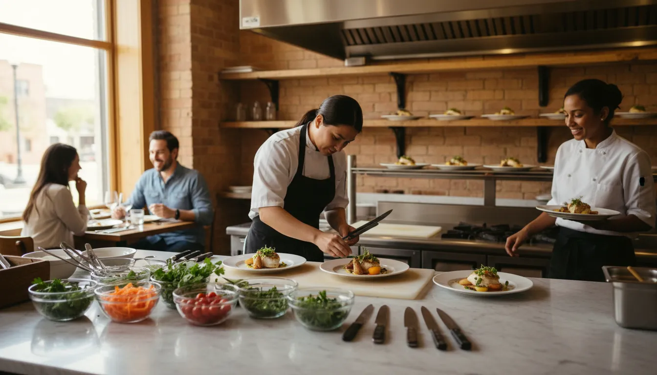 Small neighborhood restaurant open kitchen with chef plating identical simple dishes on a clean prep counter while a smiling server delivers plates to guests