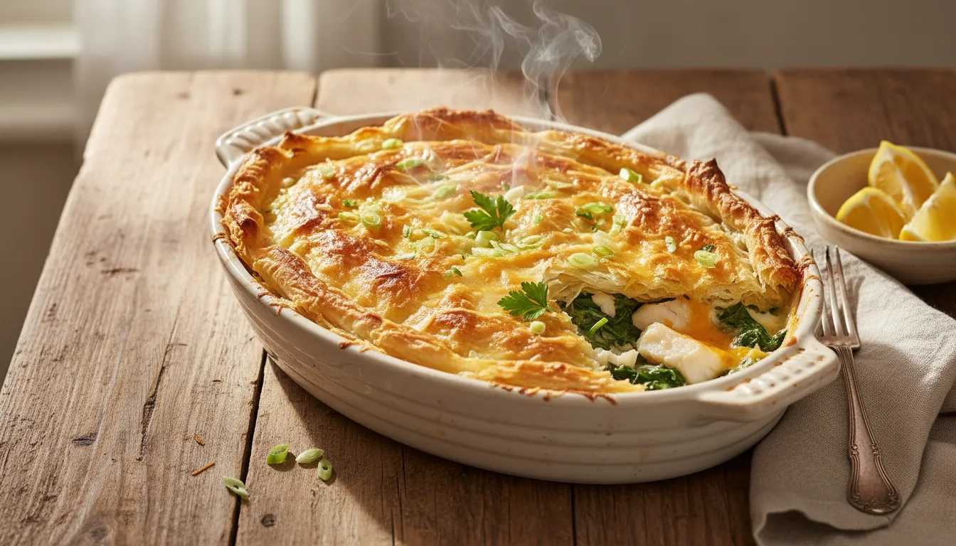 Golden filo-topped smoked haddock fish pie with spinach and melted cheddar, garnished with spring onions on a rustic wooden table