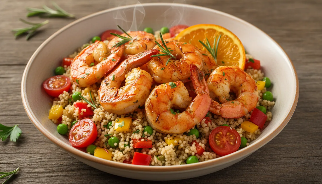 Warmly spiced prawns on rainbow couscous with roasted orange slices, saffron threads and rosemary garnish