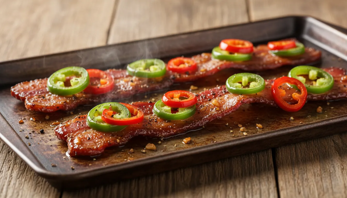 Close-up of thick-cut spicy candied bacon glazed with brown sugar and barbecue sauce, topped with jalapeño and Fresno pepper rings on a baking sheet