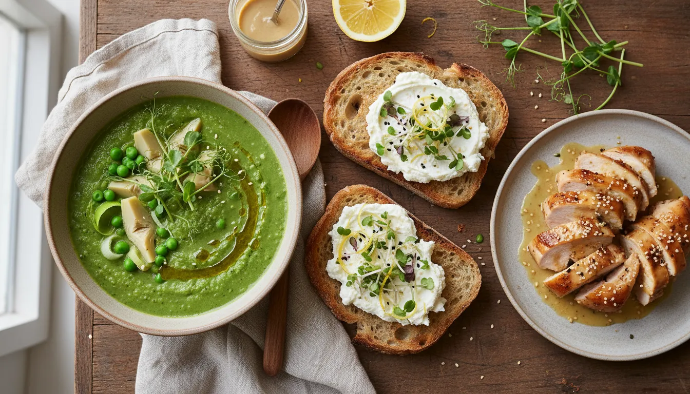 Spring vegetable soup with whipped ricotta toasts and lemon tahini chicken on a rustic wooden table