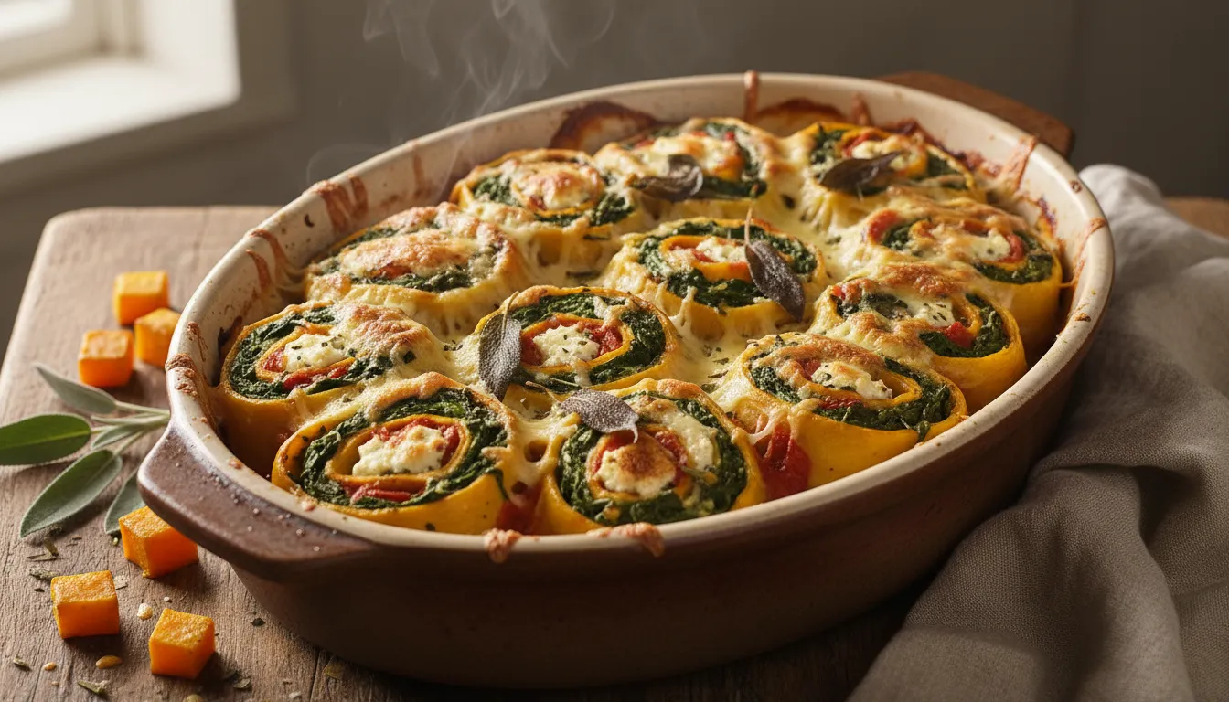 Close-up of sliced squash and spinach rotolo spirals in a rustic baking dish, showing roasted butternut squash, dense herby spinach, creamy cheese and bright tomato sauce topped with crisped sage — an easy weeknight pasta
