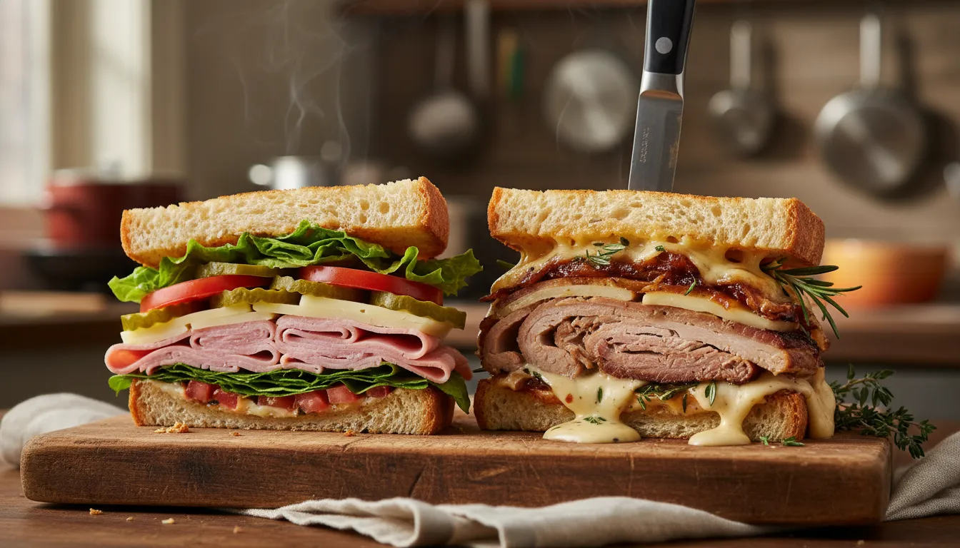 Close-up of two tall layered sandwiches — an Italian club and a porchetta béchamel — cross-sections showing melted cheese, pickles, creamy sauce and toasted crusts
