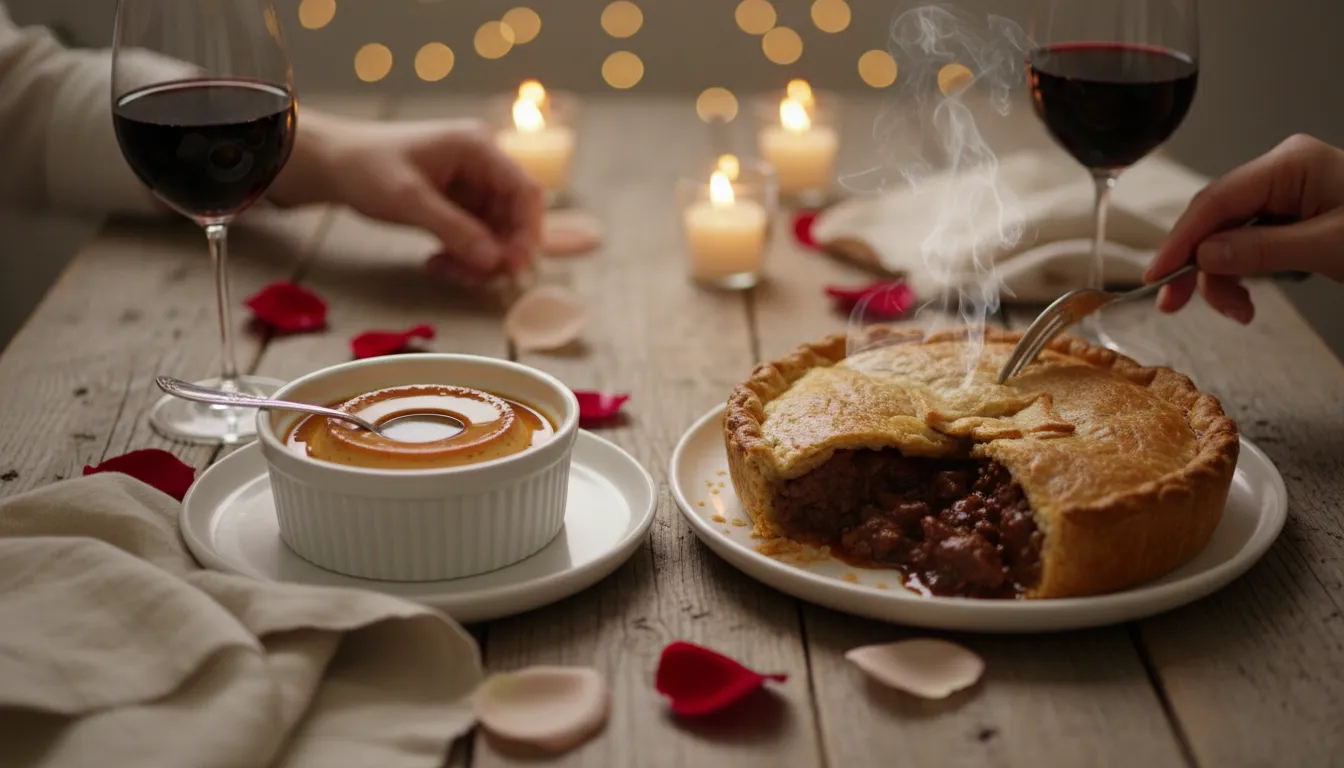Candlelit rustic table with silky creme caramel in a ramekin and a sliced short-rib pie, wine glasses and rose petals for a cozy Valentine's Day dinner