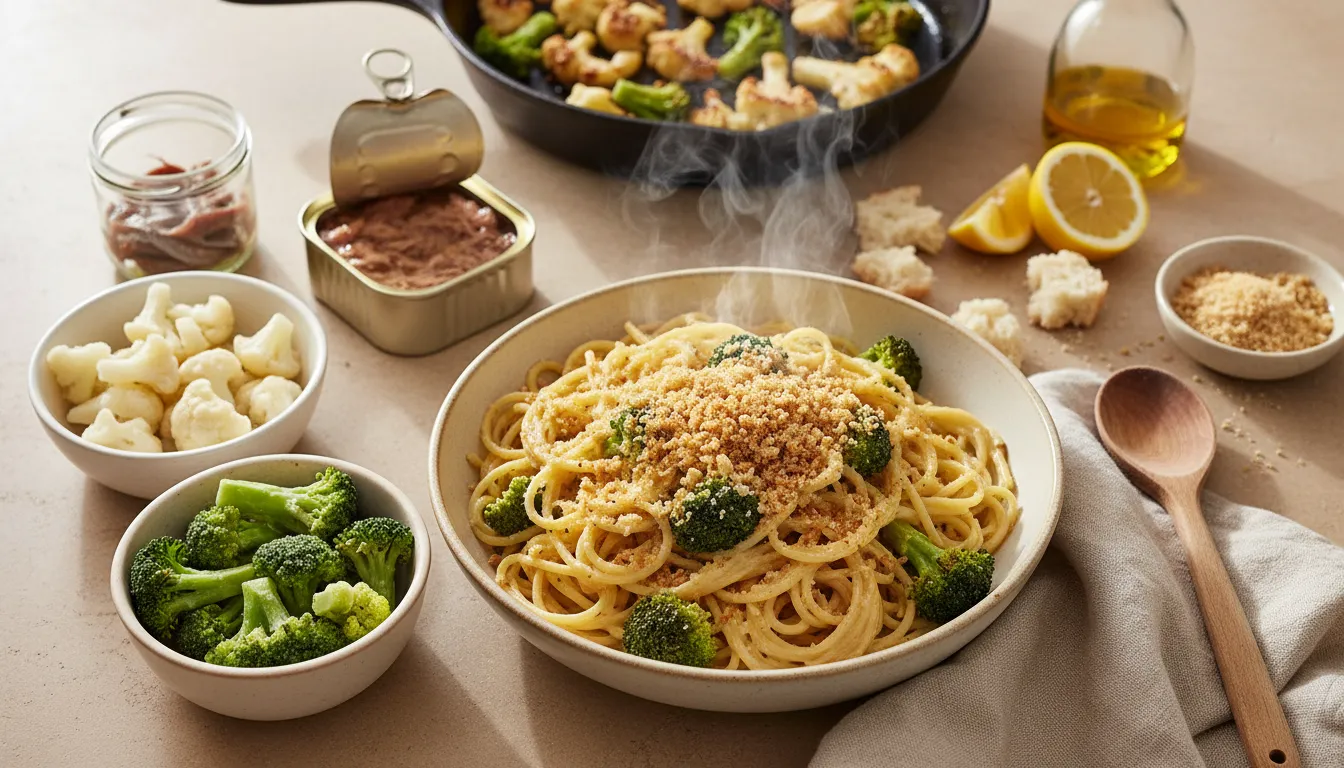 Overhead view of a cozy kitchen spread with creamy cauliflower cheese spaghetti and broccoli florets, golden garlic breadcrumbs, bowls of cauliflower and broccoli, tin of tuna, jar of anchovies, and breadcrumbs on a rustic counter