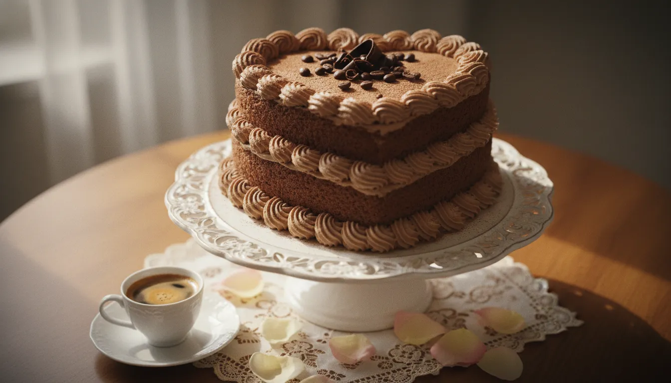Three-tier vintage heart-shaped mocha cake with mocha buttercream on a vintage cake stand, surrounded by rose petals, espresso beans and a cup of espresso in soft natural light