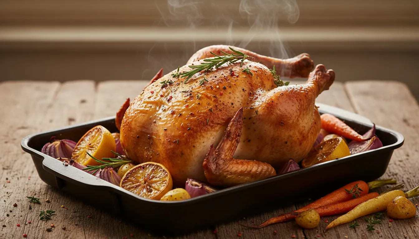 Whole roasted chicken with crispy golden skin on halved onions and roasted garlic, lemon halves and herb sprigs, warm rustic Sunday-meal setting