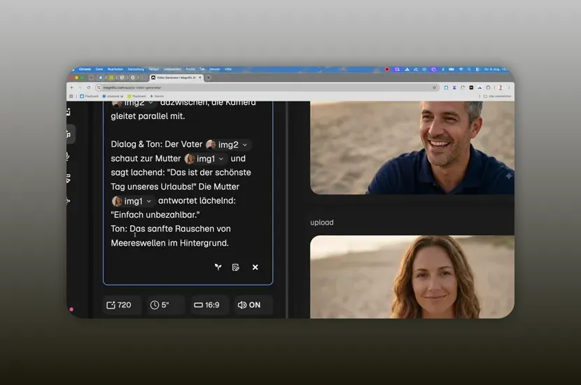 Magnific Video Creator mit Promptfeld, Referenzbild einer Frau und Generate-Schaltfläche