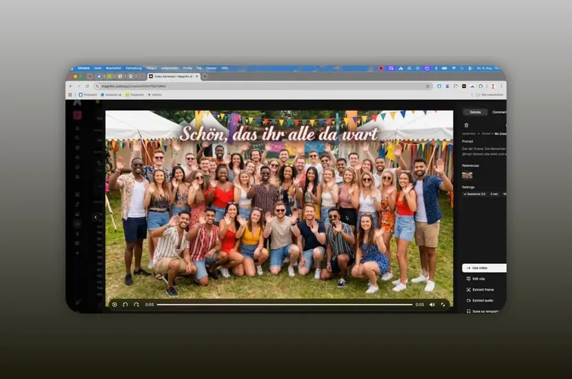 Animiertes Gruppenfoto mit winkenden Personen und Schriftzug Schön dass ihr alle da wart