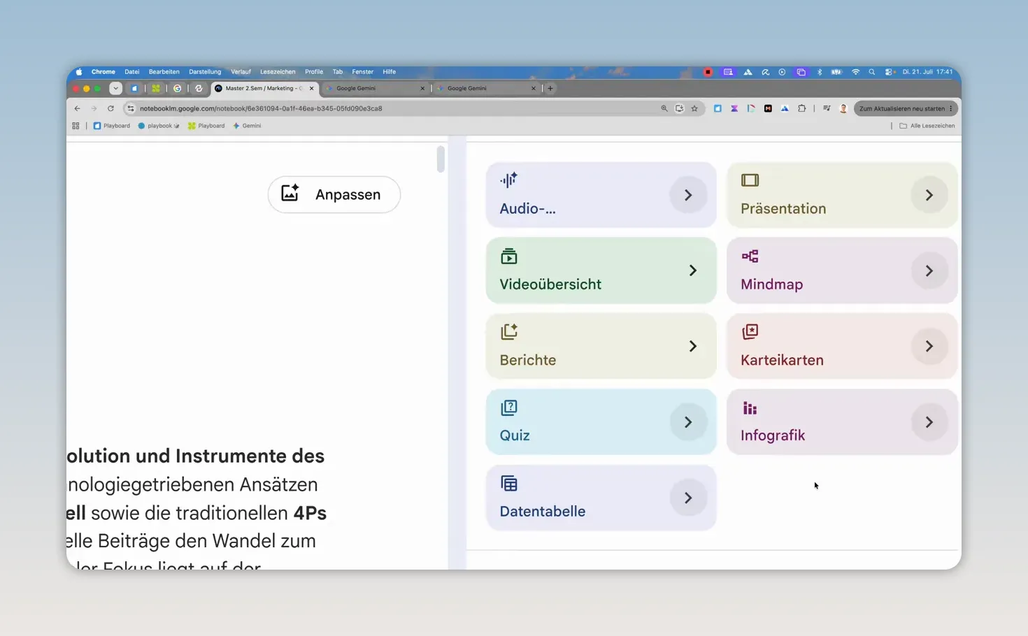 Gemini Notebook Oberfläche mit Kacheln für Audio, Präsentation, Mindmap, Karteikarten, Infografik und Datentabelle
