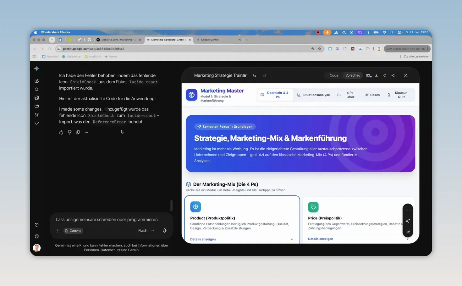 Gemini Canvas mit einer erzeugten Lernplattform zu Strategie, Marketing-Mix und Markenführung