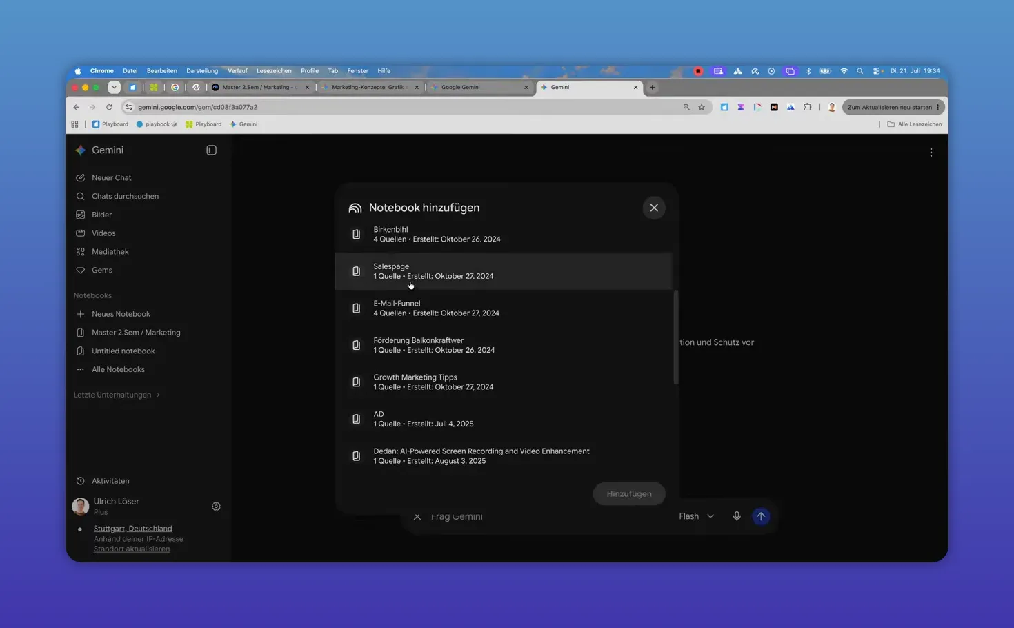 Dialogfenster in Gemini zum Auswählen eines Notebooks für den Gem SEO-Architekt