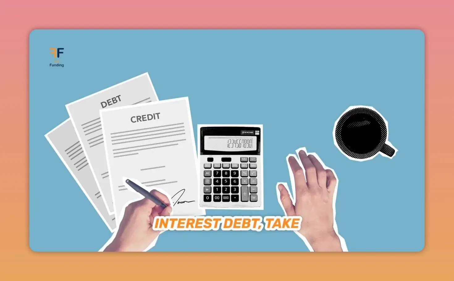 Illustration of credit and debt documents, a calculator and hands working through numbers