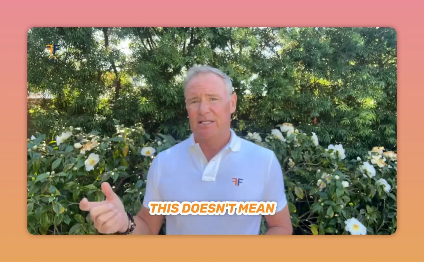 Presenter outdoors in front of bushes and flowers with text overlay 'THIS DOESN'T MEAN', conveying a cautionary point about refinancing.