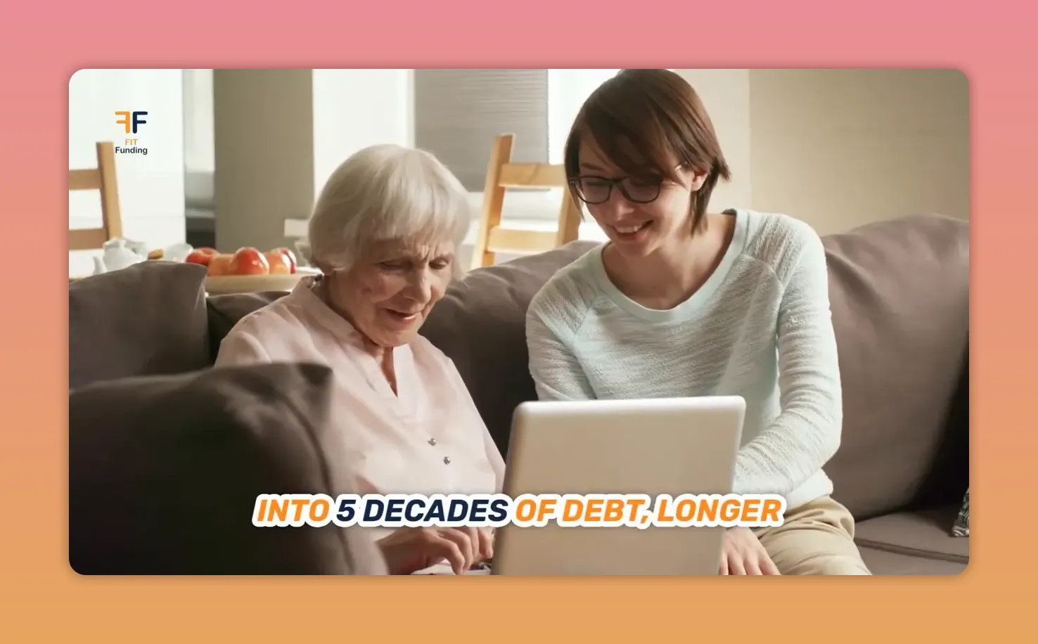 Two people looking at a laptop on a couch with on-screen text reading 