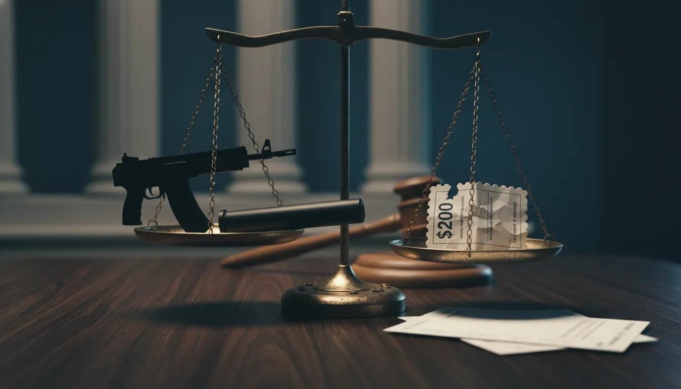 Unbalanced scales of justice with NFA items—a short-barreled rifle, suppressor, and magazine—opposed by a torn $200 tax stamp and blank registration papers, set before a blurred courthouse to symbolize legal uncertainty over the NFA tax change.
