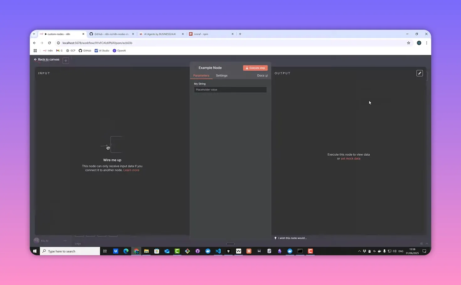 n8n example custom node panel showing parameters and Execute step button
