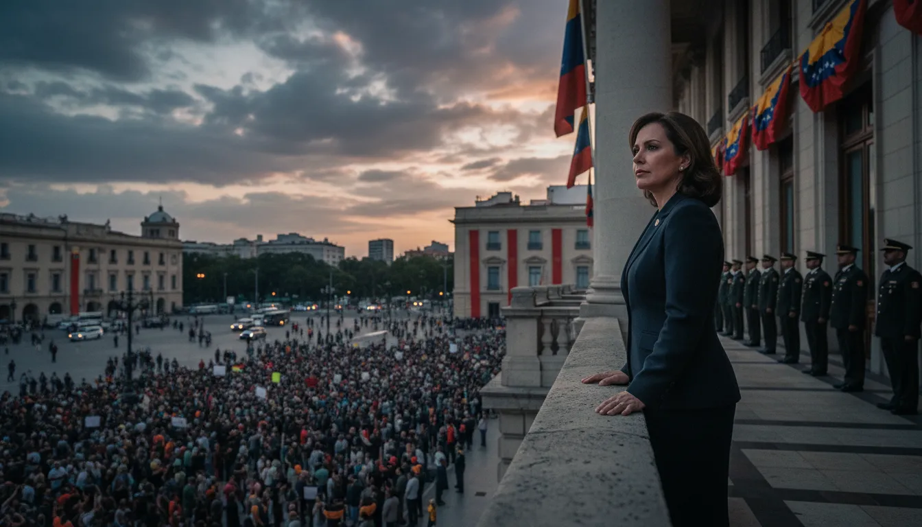 Acting president Delcy Rodríguez on a presidential balcony overlooking a crowd and military, Venezuelan flags in the background
