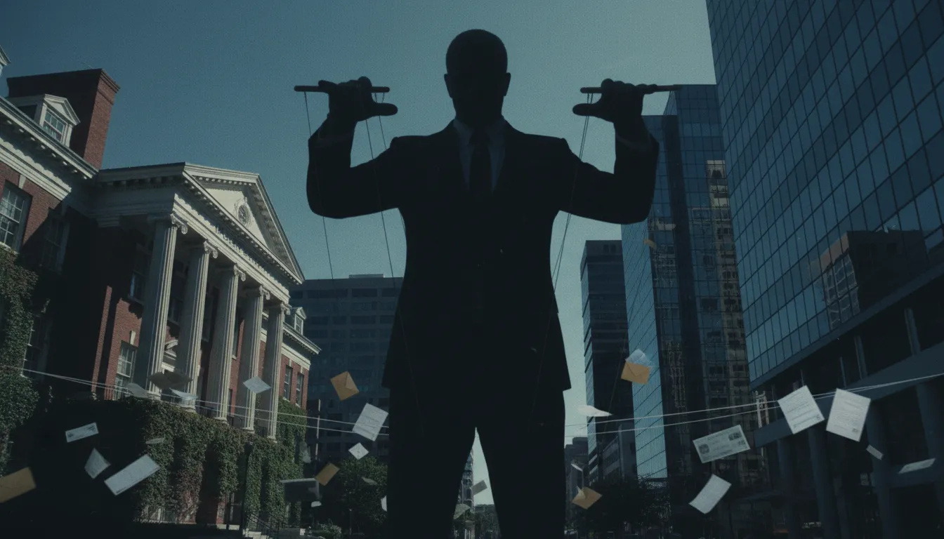 Shadowy faceless figure pulling strings between an ivy-covered university and corporate skyscrapers with floating envelopes and blurred documents, symbolizing Epstein’s influence on Harvard and corporate America