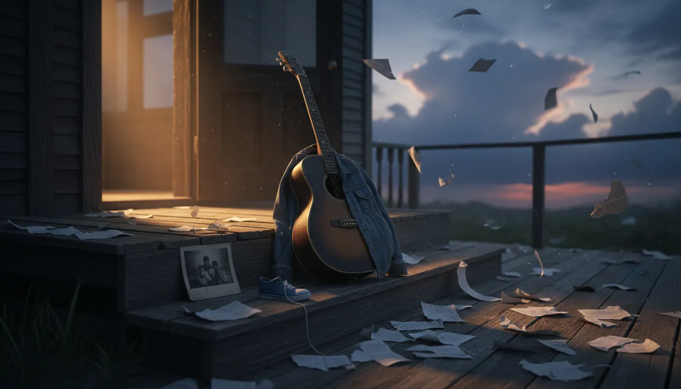 Moody symbolic scene: acoustic guitar on a weathered porch with a denim jacket, torn blank news clippings and a child's sneaker, evoking Eric Church's loss and resilience after public tragedies.