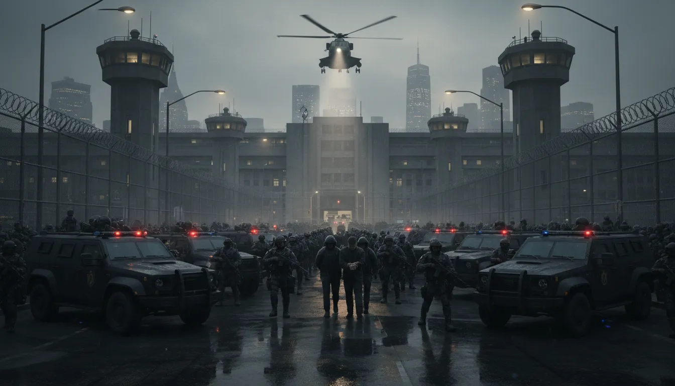 Detainee escorted into a Brooklyn federal detention center at dusk with a law enforcement motorcade and a helicopter overhead