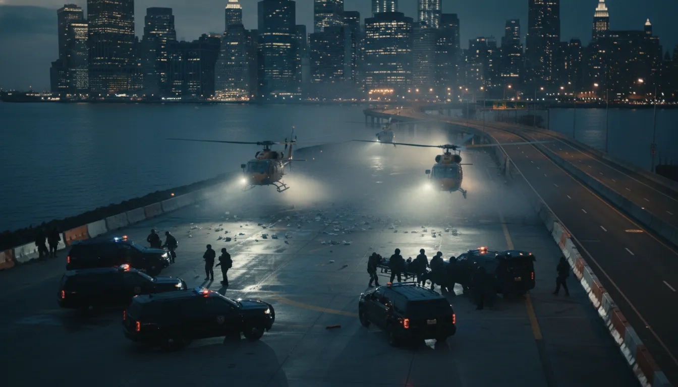 Nighttime Manhattan heliport with helicopters, armored vehicles and cordoned law enforcement during a high-security transfer