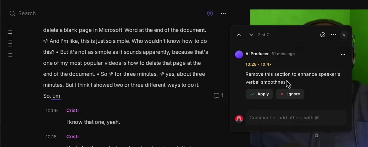 Riverside AI Find Fluff suggestion card with Apply and Ignore buttons over the transcript