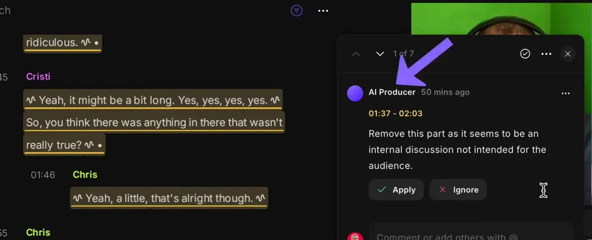 Riverside review popup with an arrow highlighting the 'AI Producer' suggestion and Apply/Ignore actions
