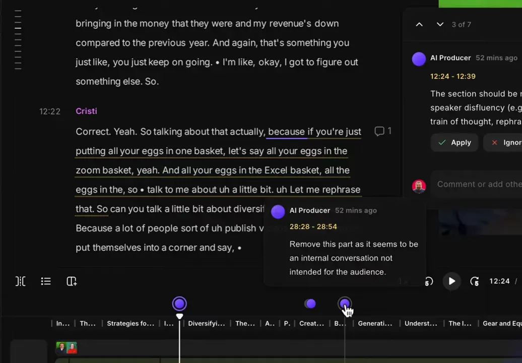 Cursor clicking a purple dot on Riverside timeline with a small AI comment attached