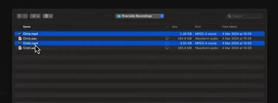Mac Finder window with multiple files selected (Chris.mp4 and Cristi.mp4 highlighted) ready to open