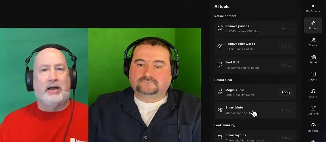 Riverside editor AI Tools panel showing 'Remove pauses', 'Remove filler words', 'Magic Audio', 'Smart Mute', and 'Eye contact' options beside the video preview