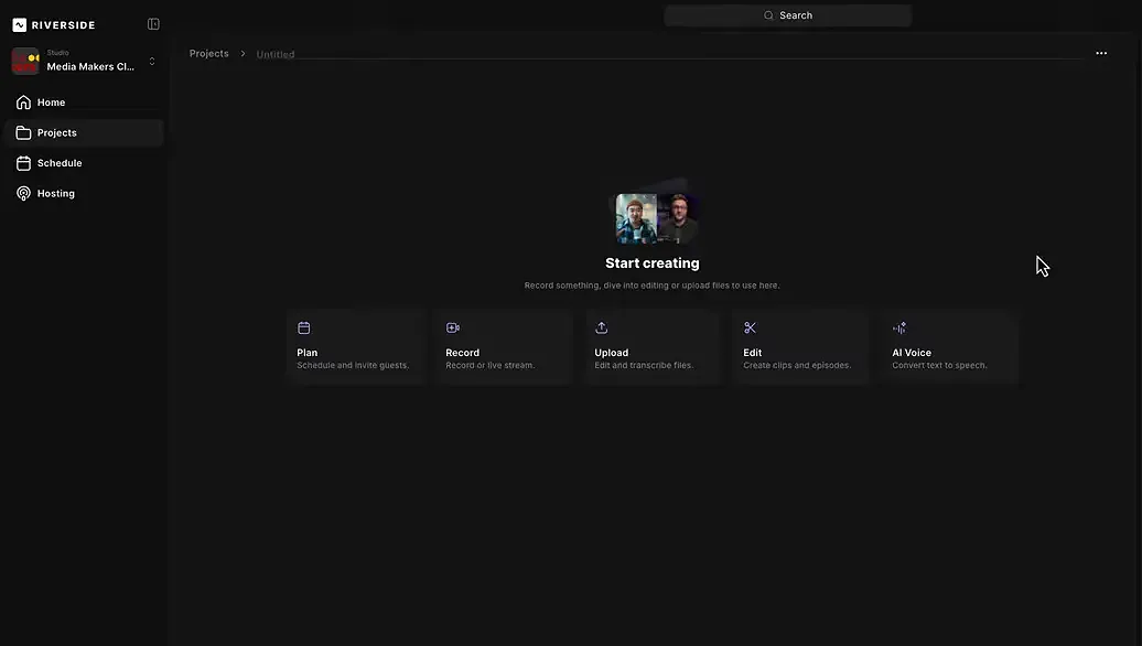 Riverside 'Start creating' screen showing action tiles including Upload and Edit