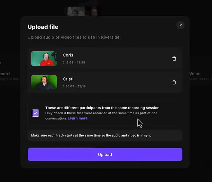 Riverside upload dialog showing two uploaded participant files with the 'These are different participants from the same recording session' checkbox checked and the Upload button.