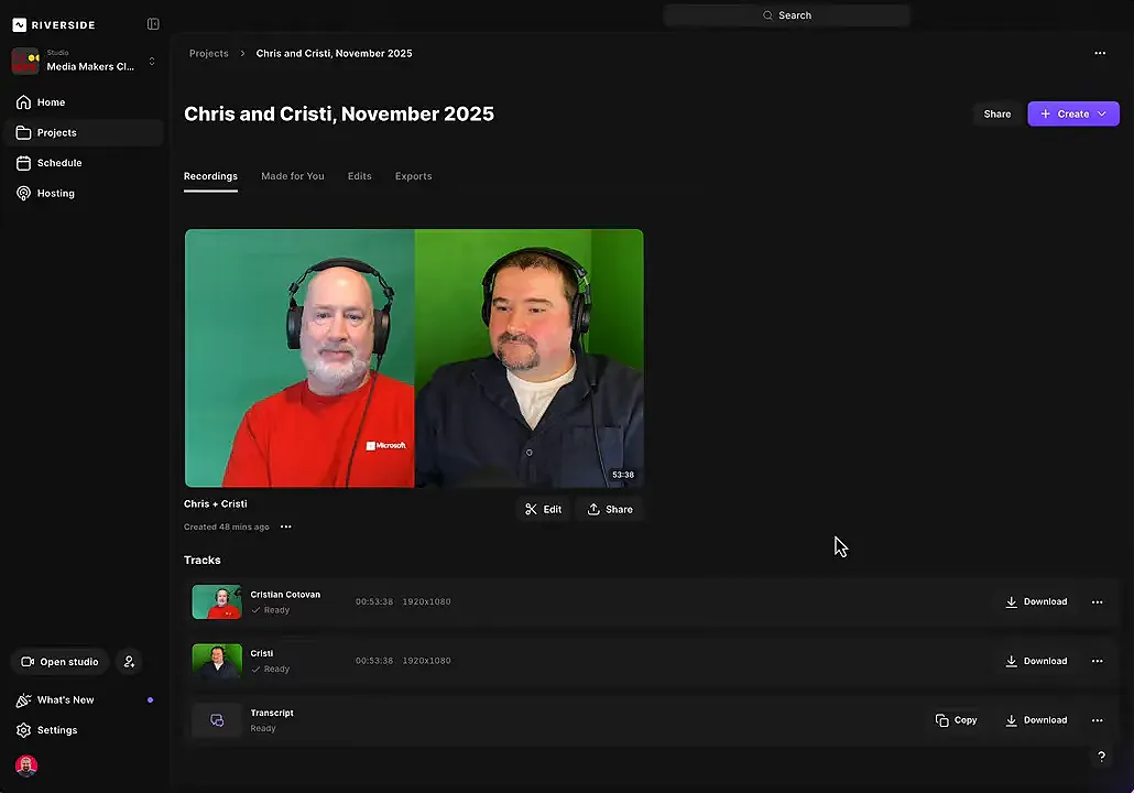 Riverside project overview showing two participant thumbnails, tracks, and download/edit options.