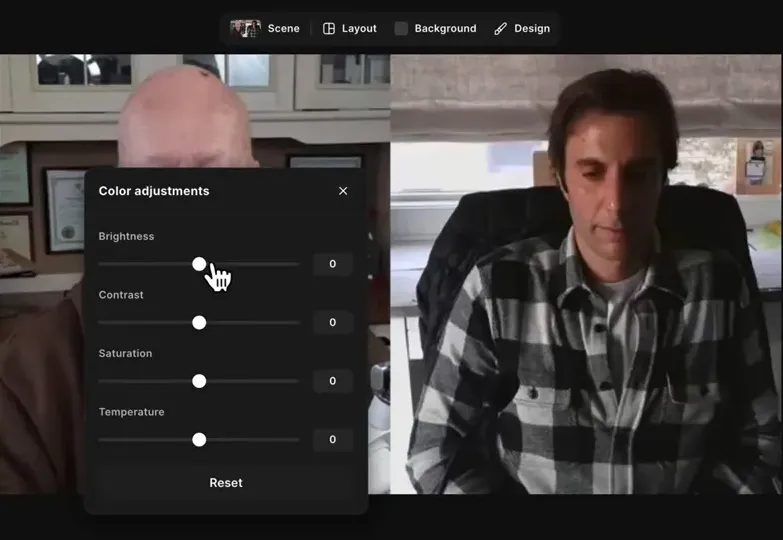 Brightness slider being adjusted in the Riverside Color Adjustments popup while the editor preview updates.