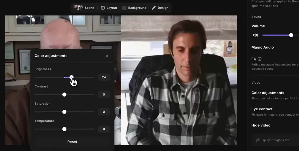 Color adjustments popup in Riverside with brightness set to 24 and contrast, saturation, temperature visible