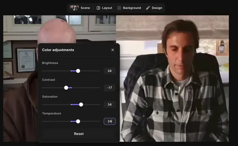 Riverside Color Adjustments panel with temperature numeric input box selected (value 24) showing precise control for fine-tuning.